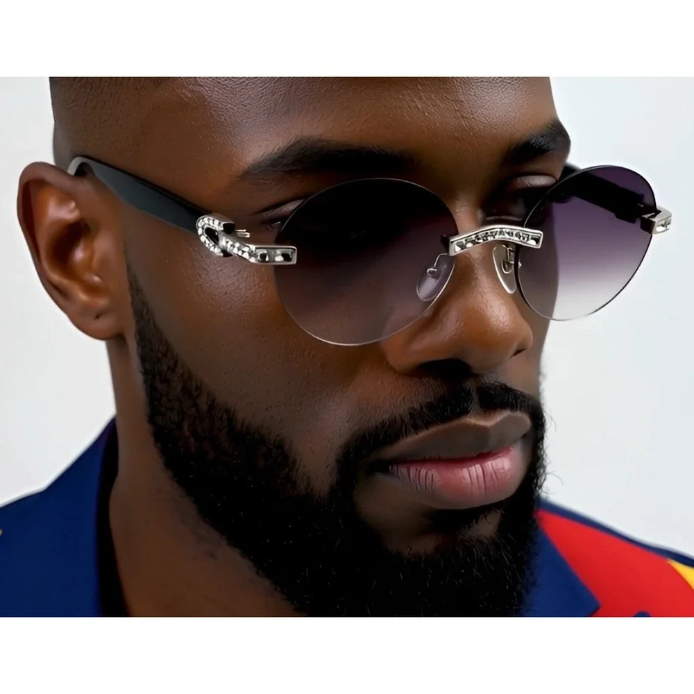 Rhinestone Rimless‎ Sunglasses Round Lens Fashion Shades Designer Style Elegant